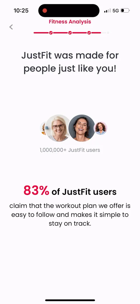 Justfit onboarding screen 55: 'JustFit was made for people just like you,' 1,000,000 users, 83% say the plan is easy to follow
