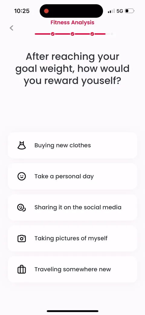 Justfit onboarding screen 58: 'How would you reward yourself after reaching your goal?' Gets you picturing life past the finish line: new…