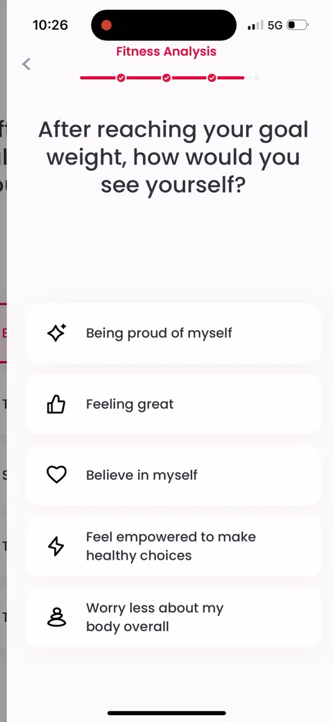 Justfit onboarding screen 59: Pure identity question: 'being proud of myself,' 'feel empowered to make healthy choices.' No fitness data…