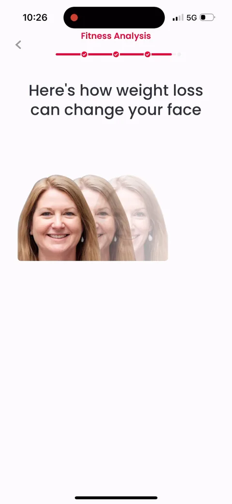 Justfit onboarding screen 60: 'Here's how weight loss can change your face.' Pushes the benefit somewhere unexpected and a little vain