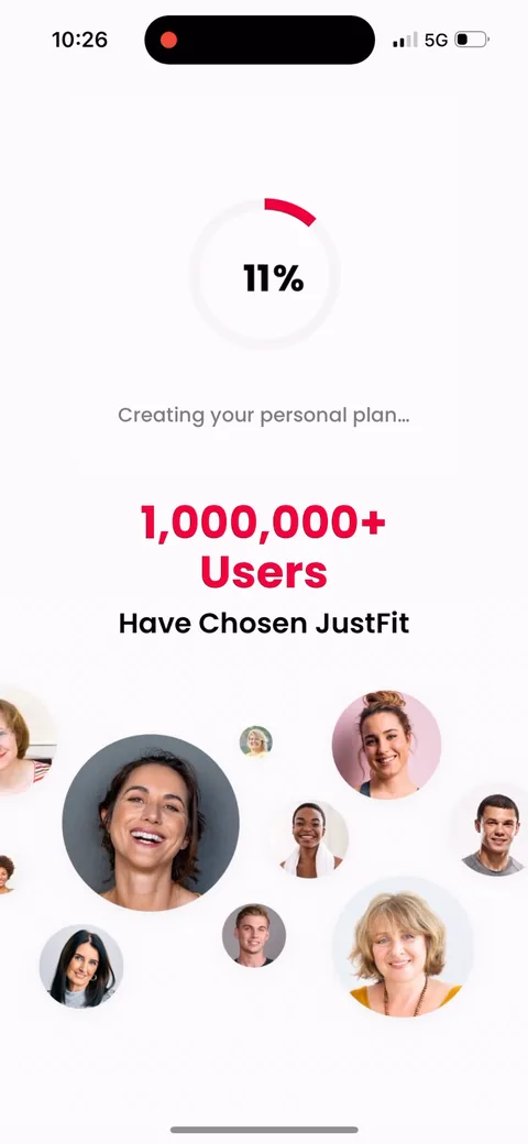 Justfit onboarding screen 68: Loading screen building 'your personal plan' with a progress counter and '1,000,000 users have chosen…