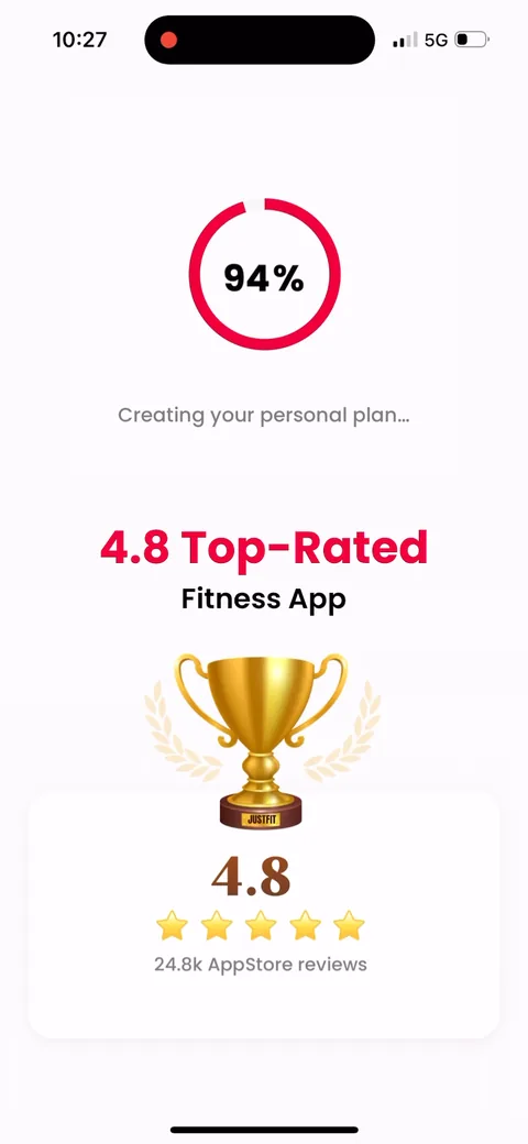Justfit onboarding screen 72: They slip '4.8, 24.8k App Store reviews' into the loading sequence, right before the paywall where you're…