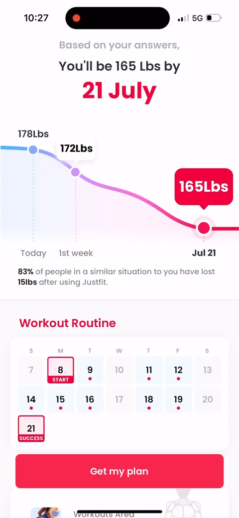 Justfit onboarding screen 75: The plan reveal: a weight-loss curve to '165lbs by 21 July' plus a workout calendar with a 'success' day…