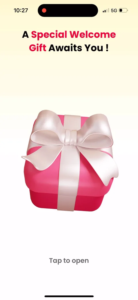 Justfit onboarding screen 94: 'A special welcome gift awaits you, tap to open.' A wrapped present you tap to reveal