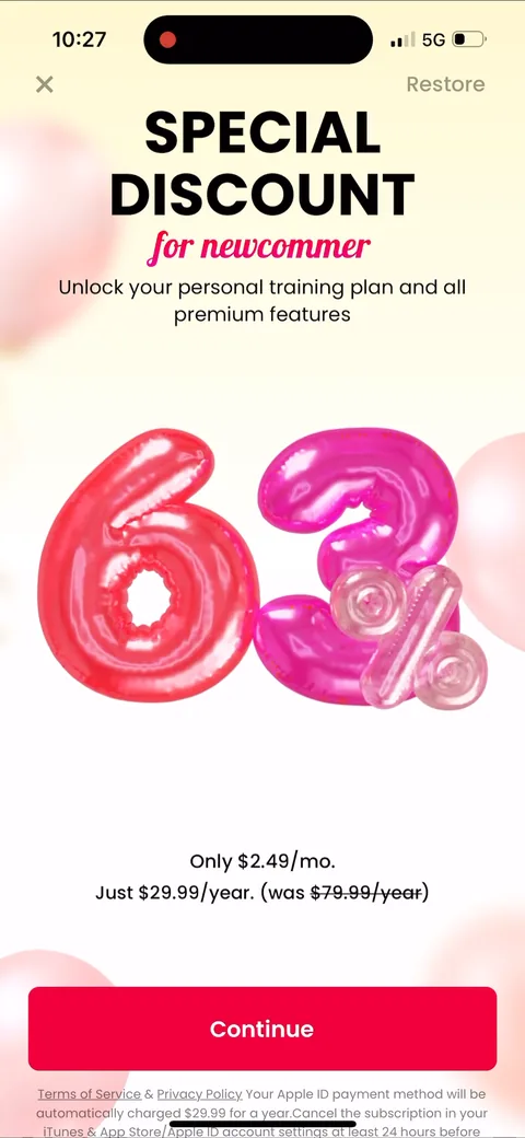 Justfit onboarding screen 95: Second paywall, reframed as a 'newcomer gift, 63% off': $29.99/year with $79.99 struck through