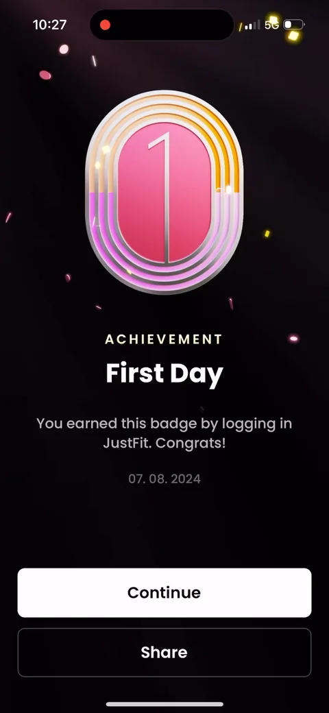 Justfit onboarding screen 98: Achievement badge for logging in on day one
