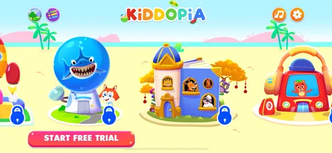 Kiddopia onboarding screen 24: 'START FREE TRIAL' pinned to the bottom of every screen from here on