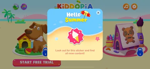 Kiddopia onboarding screen 25: Padlocks sitting on the dog house and the art studio, right beside the unlocked ones