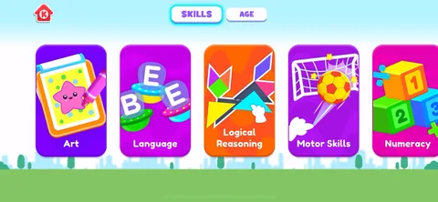 Kiddopia onboarding screen 30: Content filtered by Skills: Art, Language, Logical Reasoning, Motor Skills, Numeracy