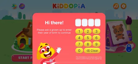 Kiddopia onboarding screen 37: The parent gate asks for a year of birth rather than a sum, with 'The information is not stored and is only…