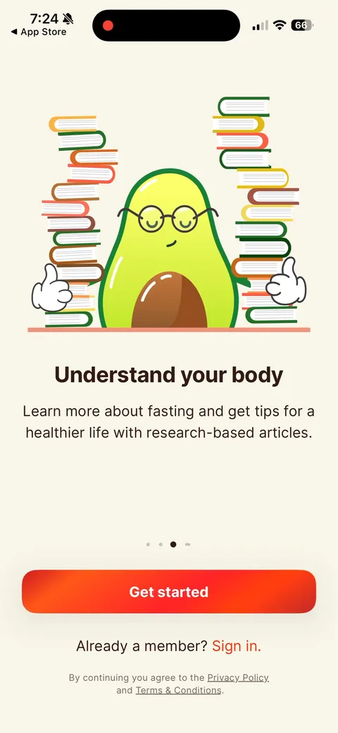 Kompanion onboarding screen 1: 'Understand your body' with an avocado mascot surrounded by books