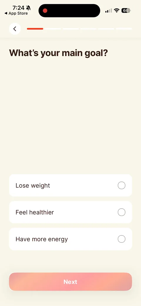 Kompanion onboarding screen 2: Single-select goal, three options