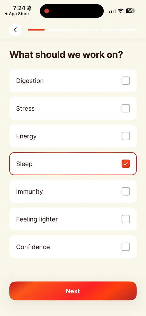 Kompanion onboarding screen 3: 'What should we work on?' is multi-select, while the goal screen before it was single-select
