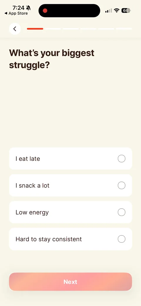 Kompanion onboarding screen 4: 'What's your biggest struggle?' in the user's own words ('I snack a lot', 'Hard to stay consistent')