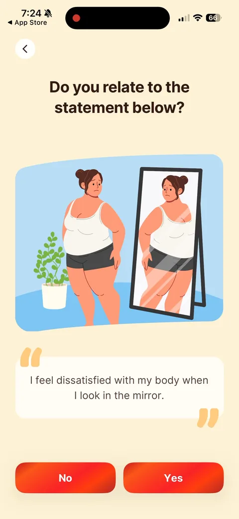 Kompanion onboarding screen 5: 'Do you relate to the statement below?' with a mirror illustration and Yes/No