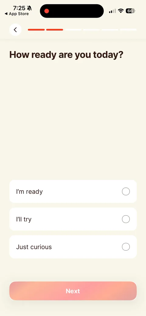 Kompanion onboarding screen 9: 'How ready are you today?' with 'Just curious' as an option