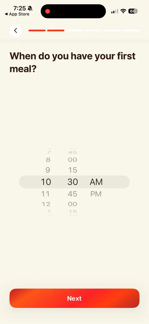 Kompanion onboarding screen 10: Time picker for your first meal