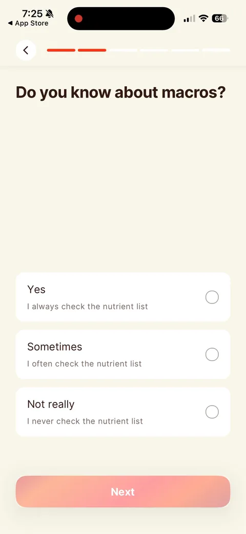 Kompanion onboarding screen 12: 'Do you know about macros?' is mostly setup for the meal-scan demo two screens later
