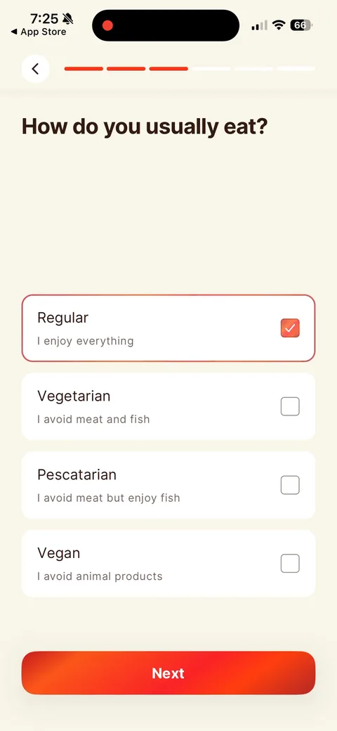 Kompanion onboarding screen 21: Diet type with a one-line explainer under each option ('I avoid meat but enjoy fish')