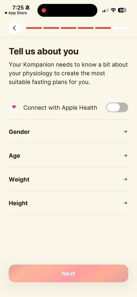 Kompanion onboarding screen 25: 'Your Kompanion needs to know a bit about your physiology to create the most suitable fasting plans for you.'…
