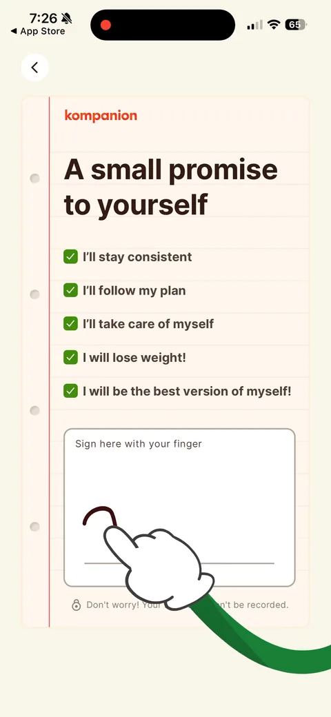 Kompanion onboarding screen 35: 'A small promise to yourself' with pre-checked pledges ('I'll stay consistent', 'I will lose weight!') and…