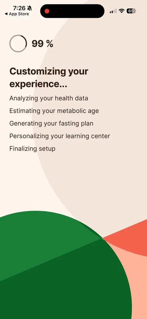 Kompanion onboarding screen 41: Loading screen that ticks off steps: 'Analyzing your health data', 'Estimating your metabolic age'…