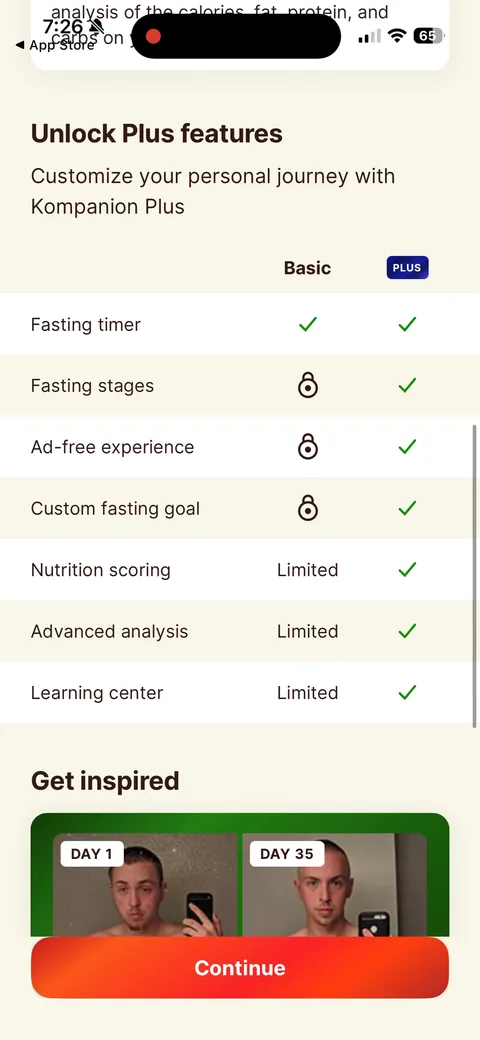 Kompanion onboarding screen 47: Basic vs Plus table