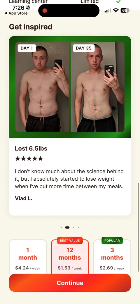 Kompanion onboarding screen 48: 'Get inspired' with Day 1 vs Day 35 photos, 'Lost 6.5lbs' and a short quote
