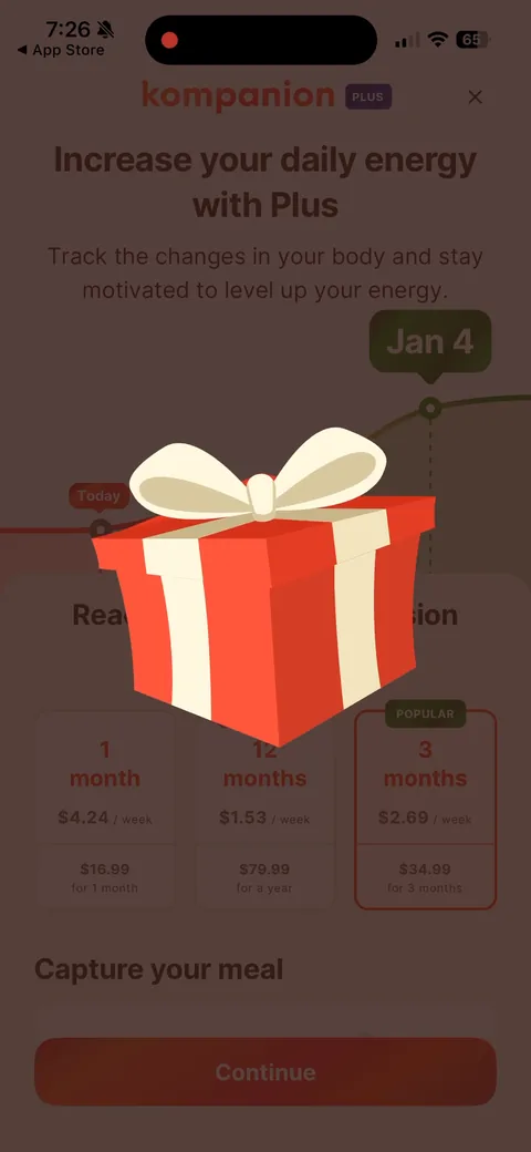 Kompanion onboarding screen 63: Hit the X and a gift box drops in over the paywall