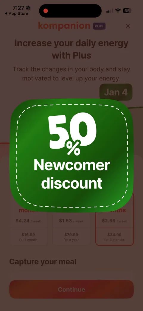 Kompanion onboarding screen 65: '50% Newcomer discount.' The exit-intent offer framed as a welcome gift