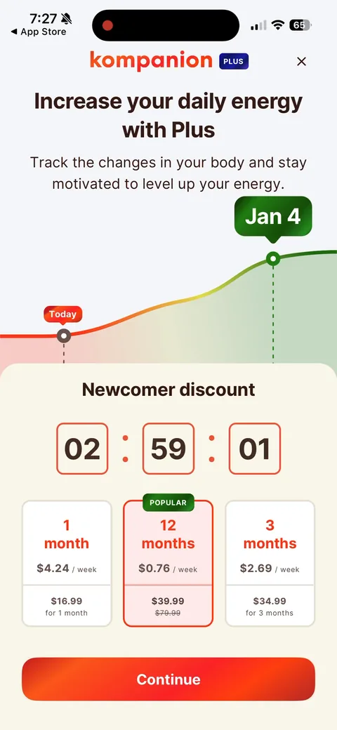 Kompanion onboarding screen 66: Same paywall, now with a countdown (02:59:01) and the annual at $39.99 with $79.99 struck through, $0.76/wk
