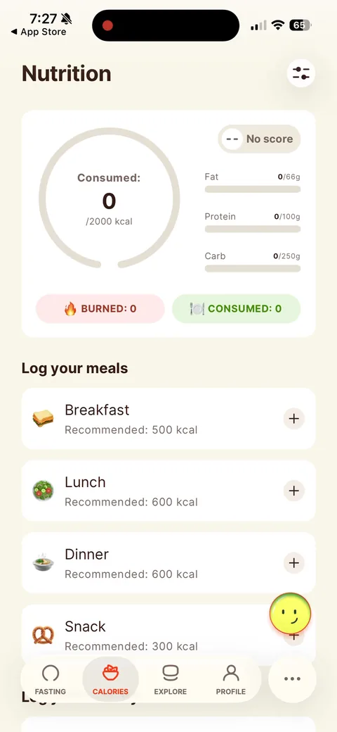 Kompanion onboarding screen 76: Lands on the Nutrition tab with everything at zero, and there's a banner ad under the tab bar