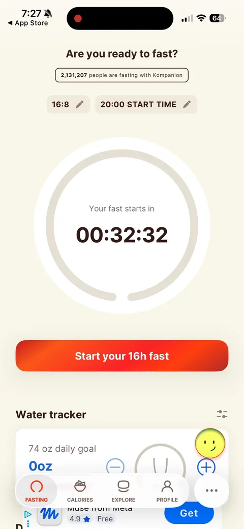 Kompanion onboarding screen 84: The fasting timer: 'Are you ready to fast?' with '2,131,207 people are fasting with Kompanion', a 16:8 plan…