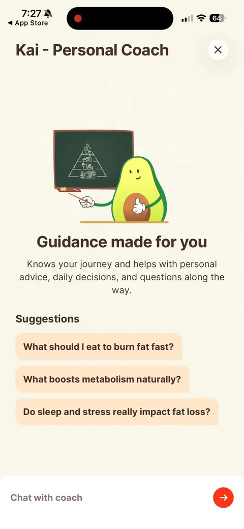Kompanion onboarding screen 88: Kai, the AI coach, behind the floating smiley button
