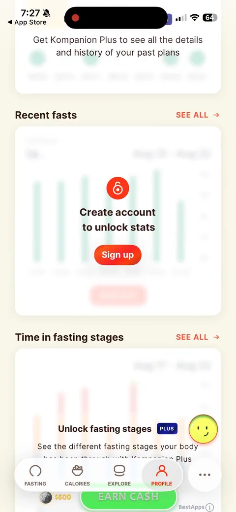 Kompanion onboarding screen 95: Profile stats blurred behind 'Create account to unlock stats' and 'Unlock fasting stages' with a Plus badge