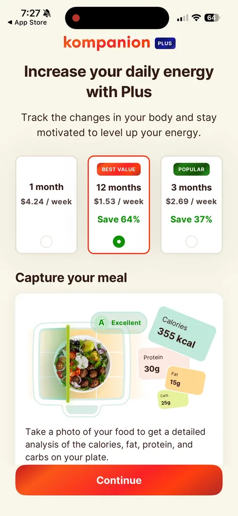Kompanion onboarding screen 98: A different paywall layout reached from inside the app: cleaner cards with radio buttons, per-week price, and…