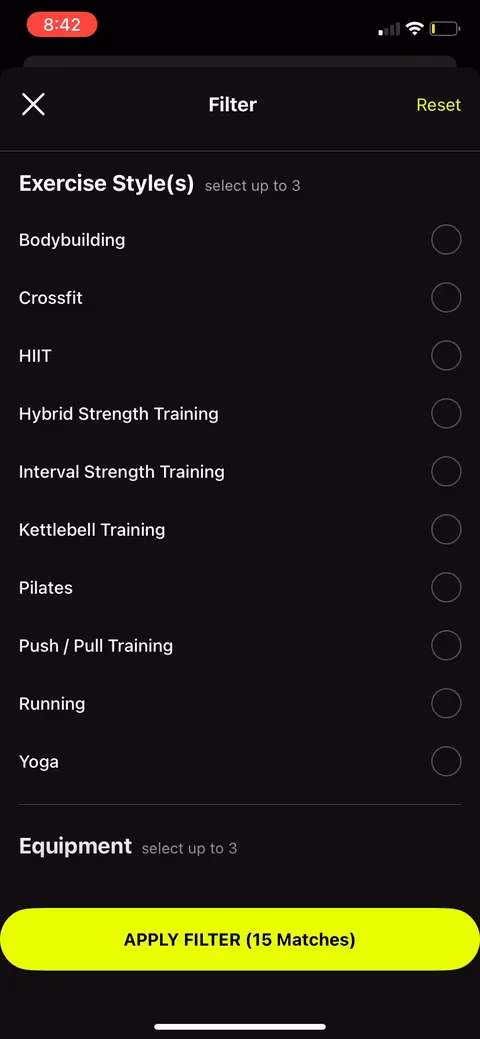 Ladders onboarding screen 17: Pick your exercise styles and equipment, up to 3 each, and the match count updates live (15 matches, then 11)