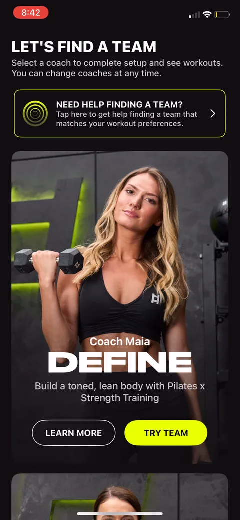 Ladders onboarding screen 19: Coach cards with a real photo and a one-line promise ('build a toned lean body with pilates x strength…