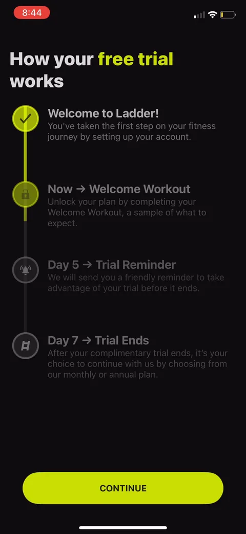 Ladders onboarding screen 49: The reverse trial laid out as a timeline: now do your welcome workout, Day 5 reminder, Day 7 trial ends, then…