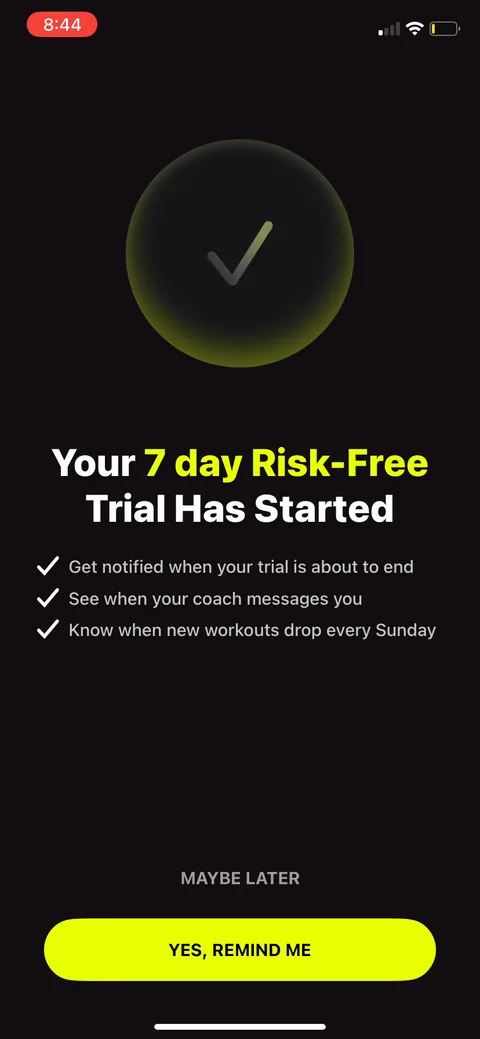 Ladders onboarding screen 50: Notification permission framed by what you'll get: trial-end reminder, coach messages, new workouts every…