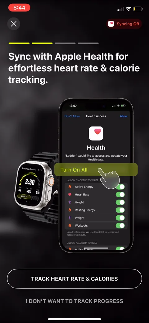 Ladders onboarding screen 57: Apple Health ask framed as 'effortless heart rate and calorie tracking,' with the benefit stated before the…