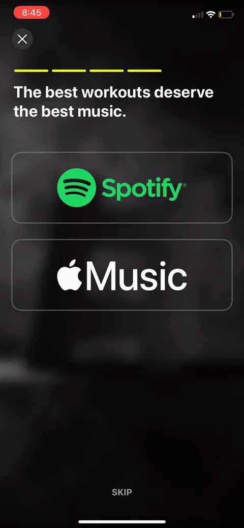 Ladders onboarding screen 59: Connect Spotify, 'the best workouts deserve the best music.' Low-stakes integration that makes the first…