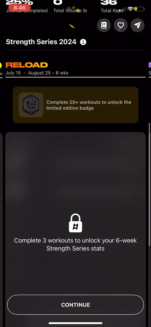 Ladders onboarding screen 84: Badge progression: complete 3 workouts to unlock your 6-week strength series, 20 to unlock a limited edition…