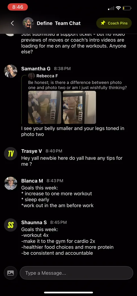 Ladders onboarding screen 95: Real team chat with members posting weekly goals and progress photos