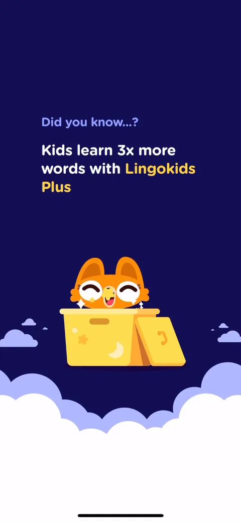 Lingokids onboarding screen 5: A 'kids learn 3x more words with Lingokids Plus' stat right before the paywall