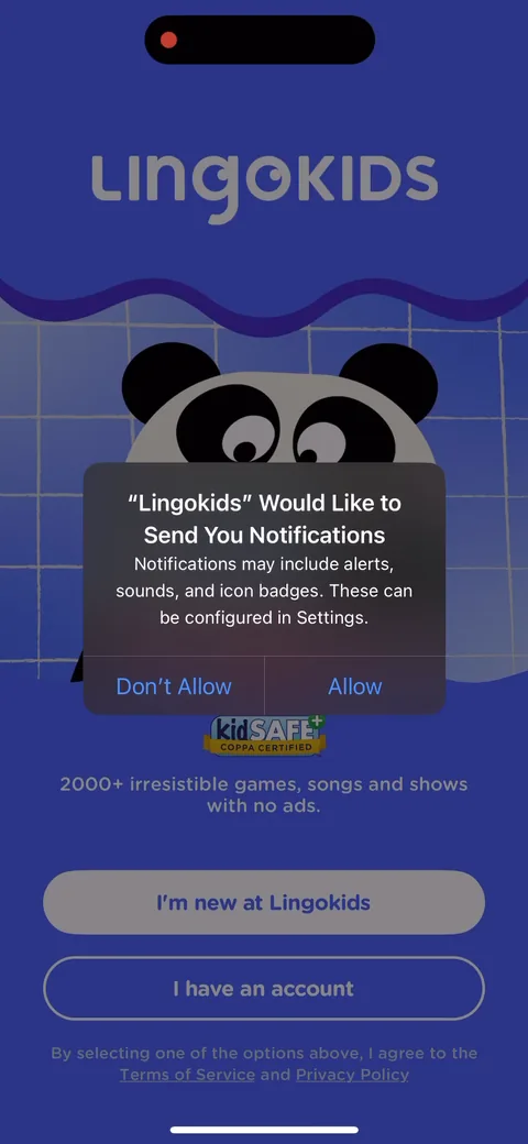 Lingokids onboarding screen 17: Notification permission and the new/existing account choice both fire here
