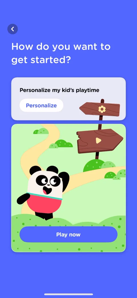 Lingokids onboarding screen 19: Two paths: 'Personalize my kid's playtime' or 'Play now.' The skip-to-play option respects parents who just…