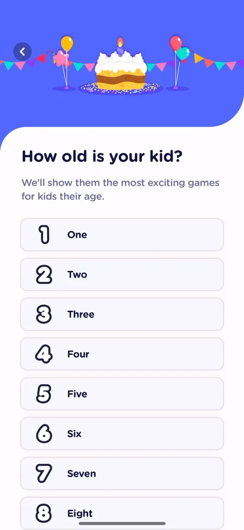 Lingokids onboarding screen 20: Age of the kid, framed as 'we'll show them the most exciting games for their age.' The question is sold as a…