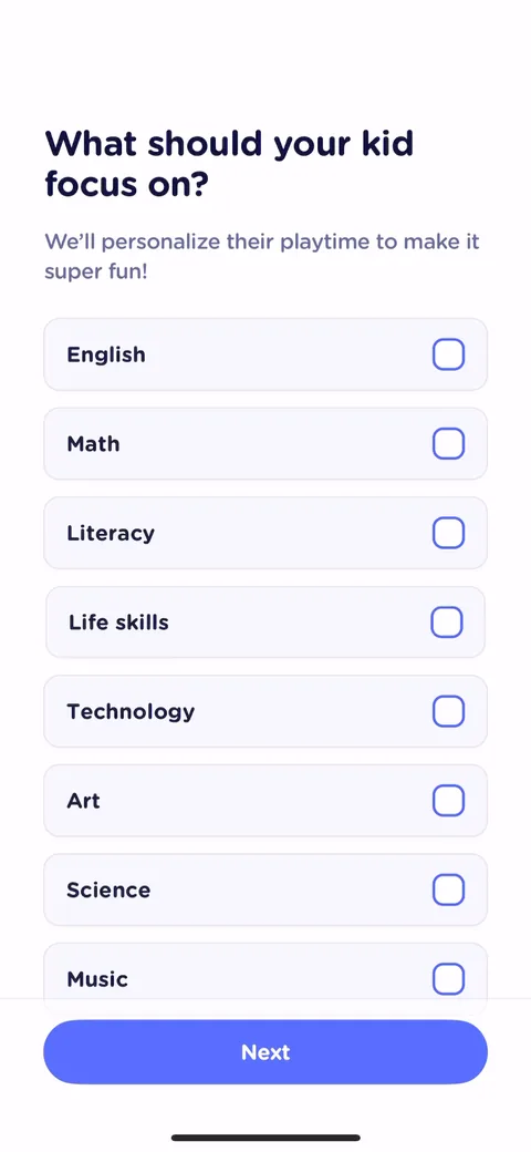 Lingokids onboarding screen 21: Multi-select on focus areas, which is right since most parents want more than one