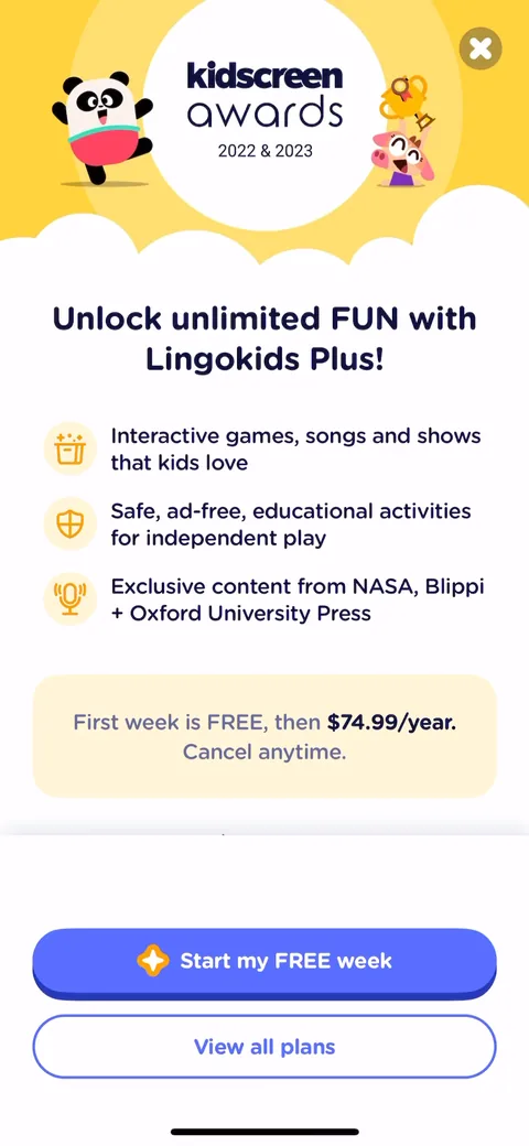 Lingokids onboarding screen 22: Now the paywall is annual at $74.99 with a free week, fired right after the quiz